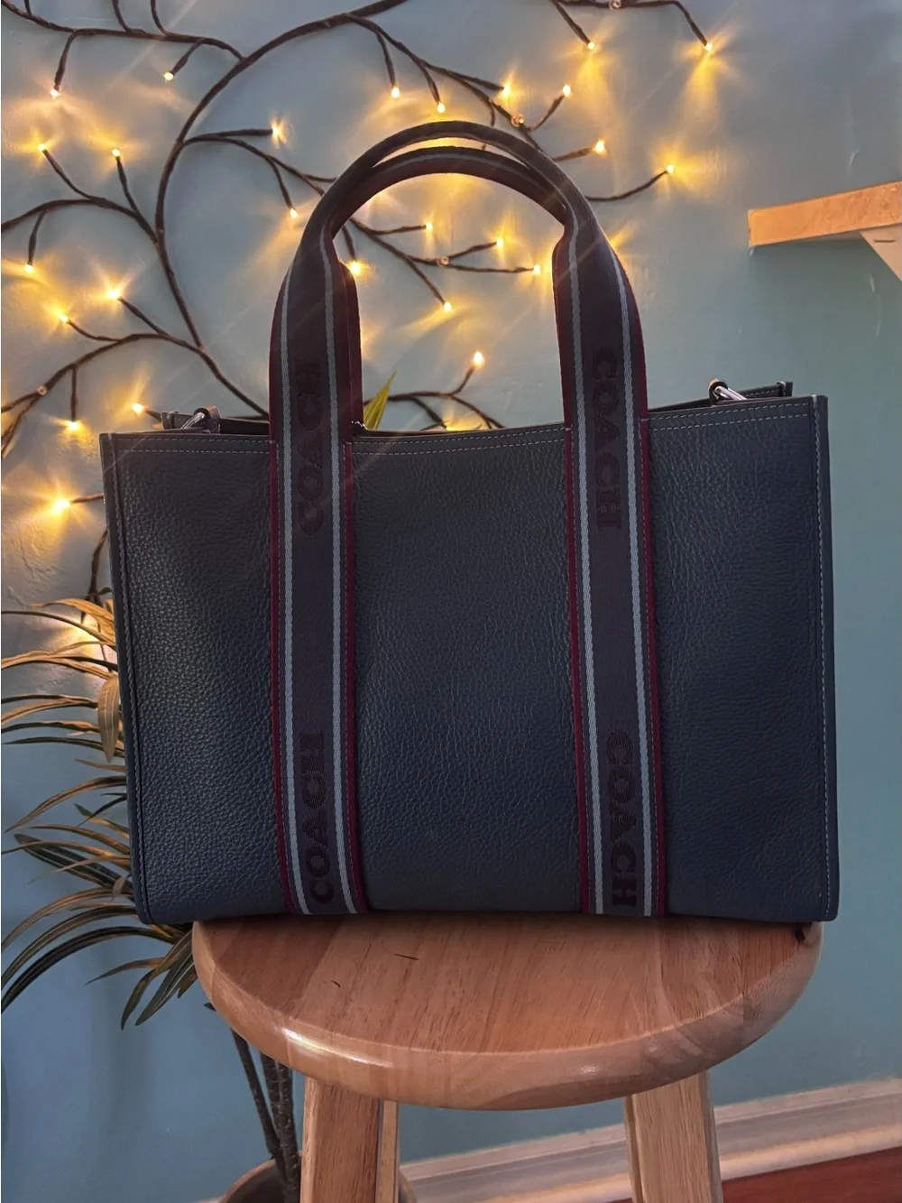 Coach Navy Blue Pebbled Leather Tote with Logo Webbing